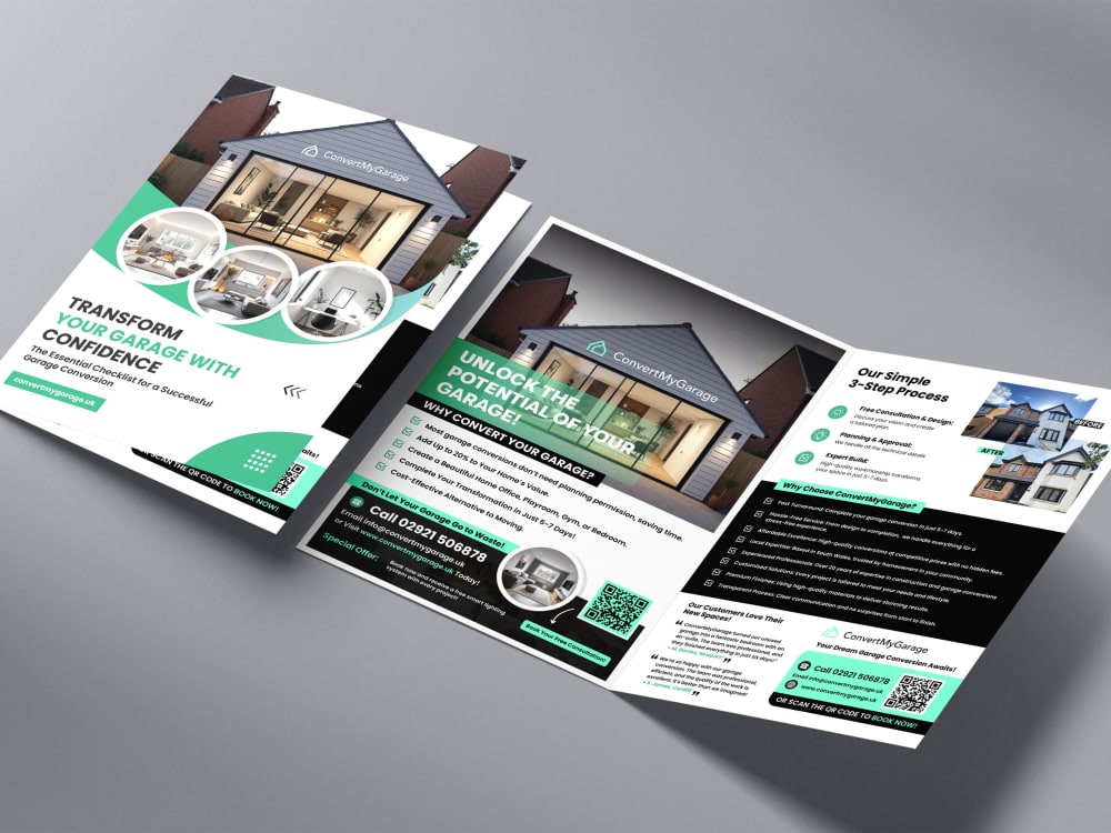 Plaquette commerciale bi-fold pour spécialiste rénovation et aménagement de garage — design vert menthe et noir