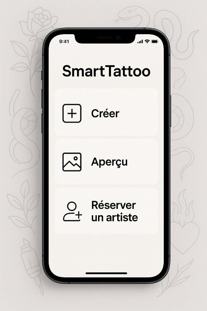 SmartTattoo — design d'application mobile de création de tatouages : créer, aperçu, réserver un artiste